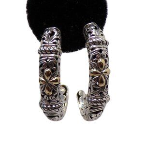 925/18K Accents Bali Artisan Hoops Earrings, Intricate Elegant Earrings